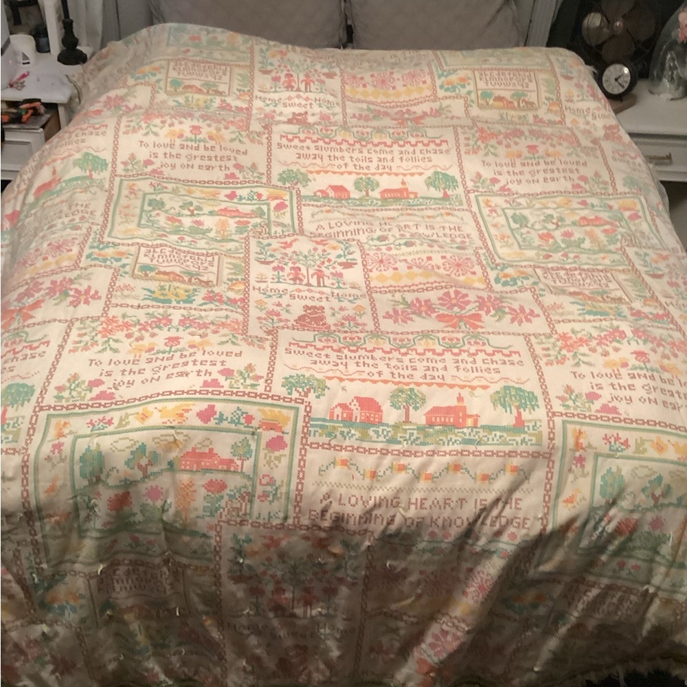Vintage Sear Perma Prest Cross-Stitch print hand-tied bedspread with fringe